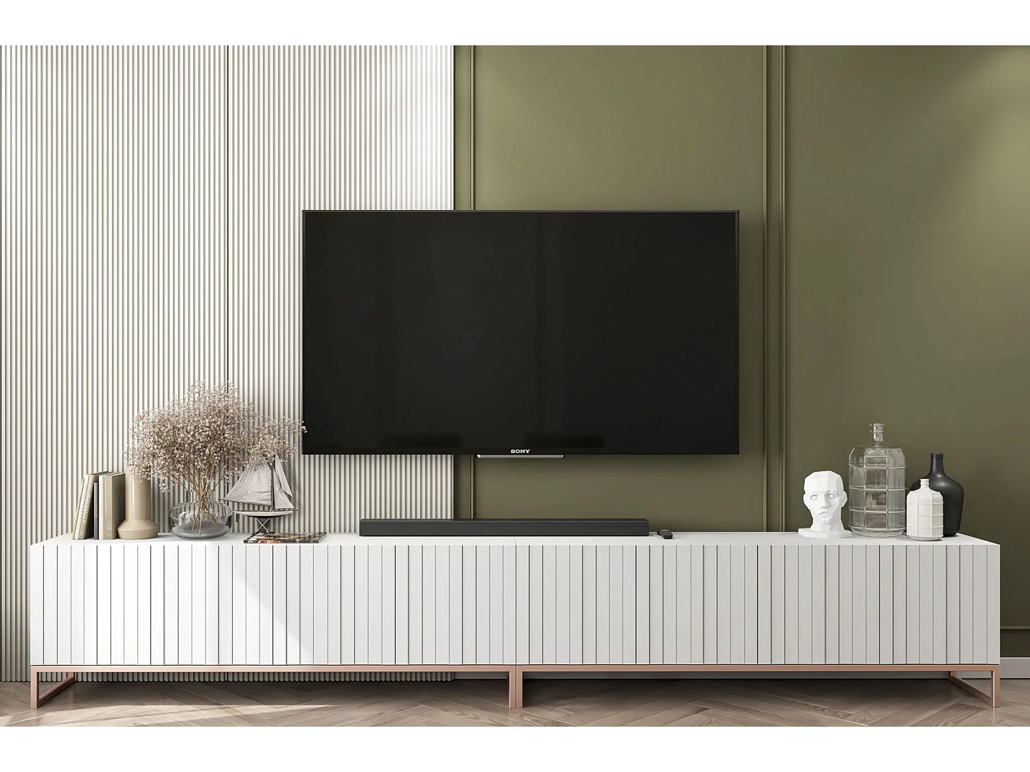 Meuble TV avec 8 portes - Corps Blanc mat, façades rainurées Blanc mat - 300 cm, cadre métallique