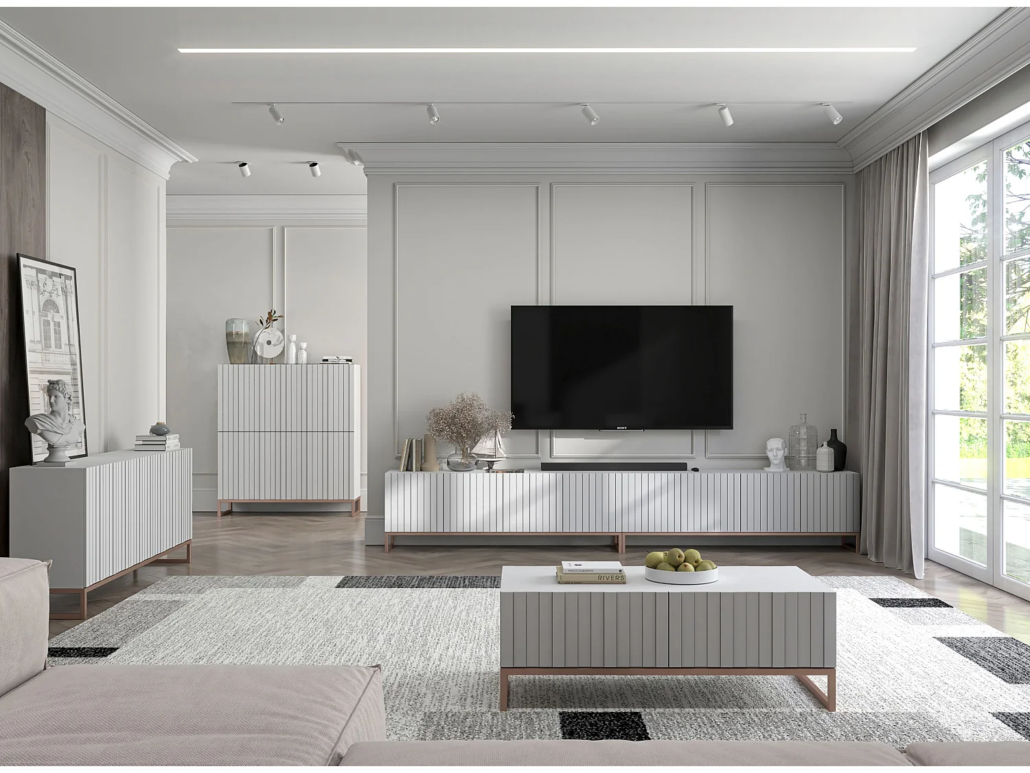 Meuble TV avec 8 portes - Corps Blanc mat, façades rainurées Blanc mat - 300 cm, cadre métallique