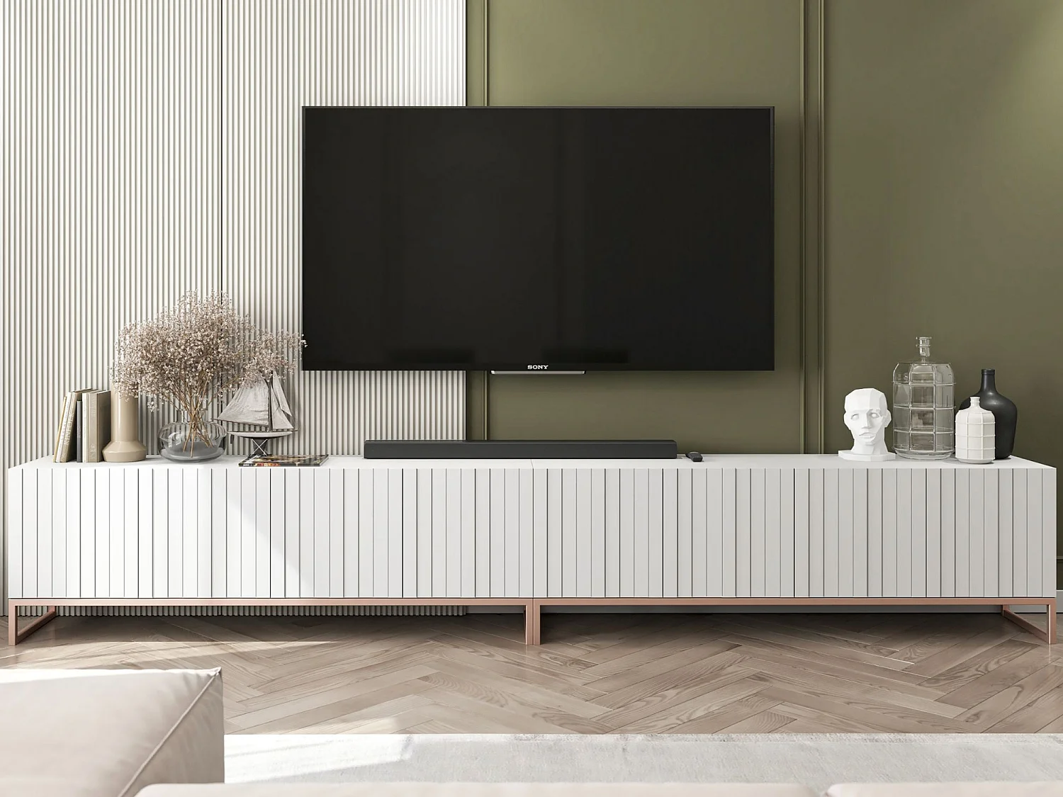 Szafka RTV z 8 drzwiami – Korpus Biały mat, frezowane fronty Biały mat – 300 cm, metalowy stelaż