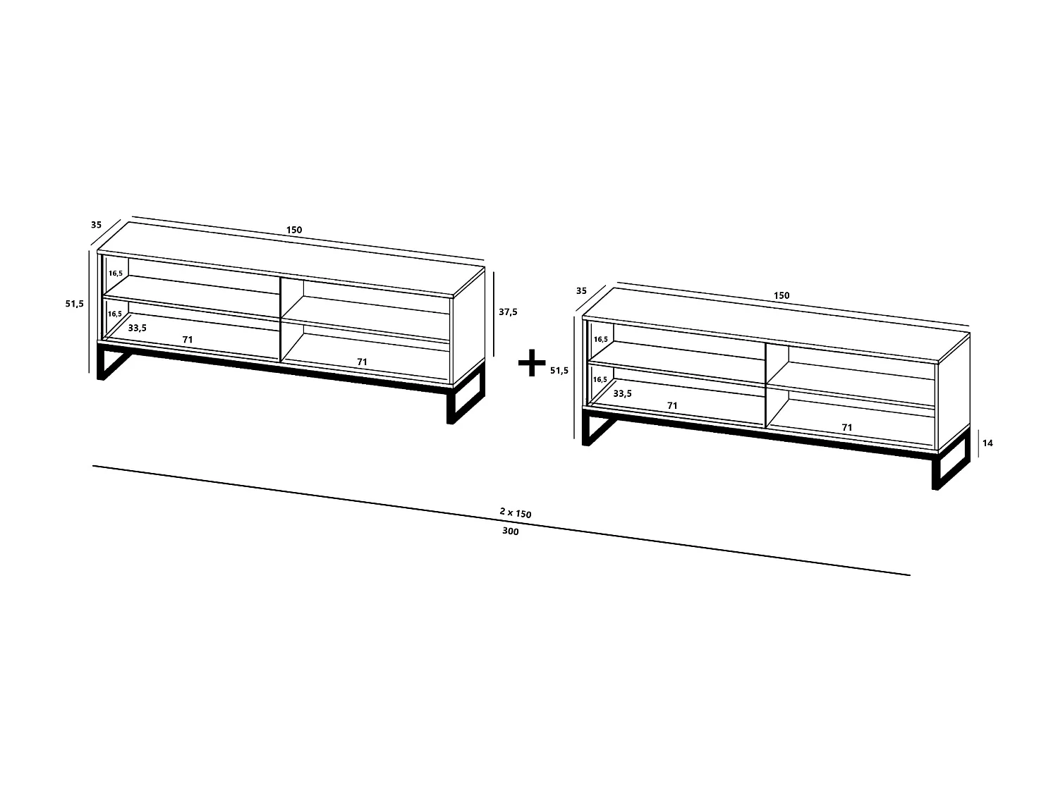 Szafka RTV z 8 drzwiami – Korpus Biały mat, frezowane fronty Biały mat – 300 cm, metalowy stelaż