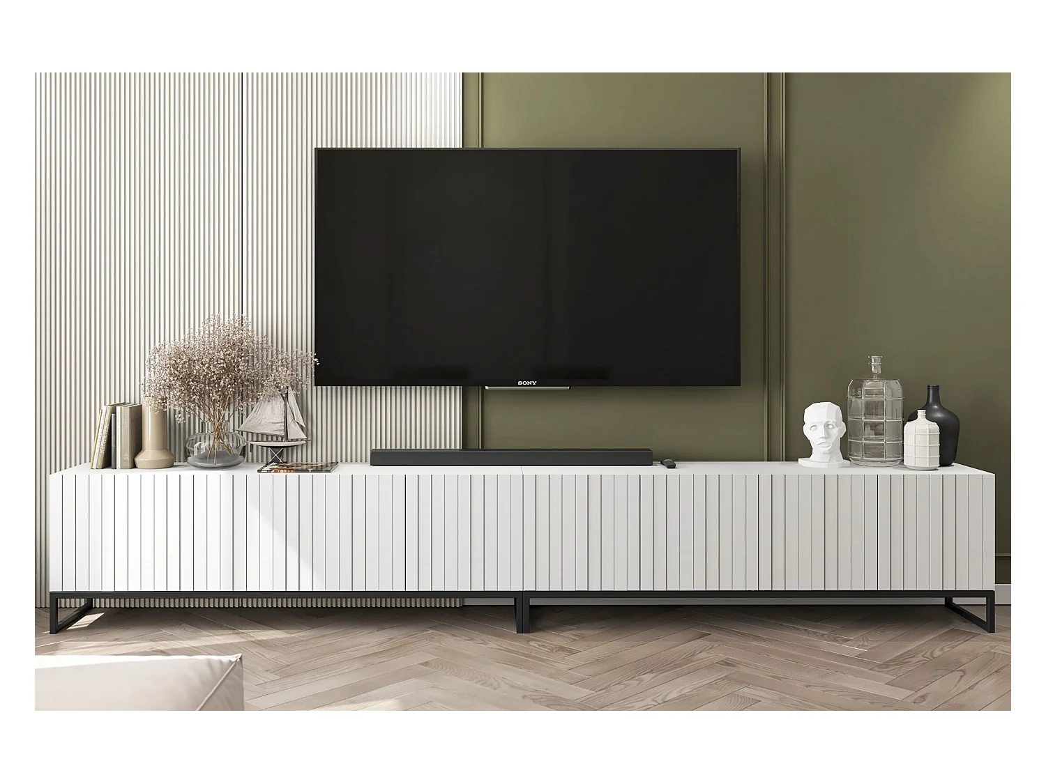 Meuble TV avec 8 portes - corps Blanc mat, façades cannelées Blanc mat - 300 cm, Cadre en métal noir