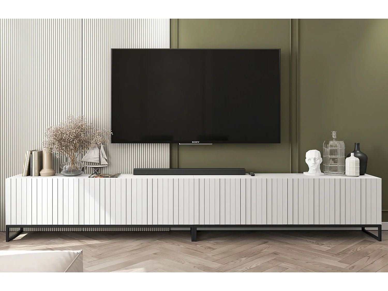 Meuble TV avec 8 portes - corps Blanc mat, façades cannelées Blanc mat - 300 cm, Cadre en métal noir