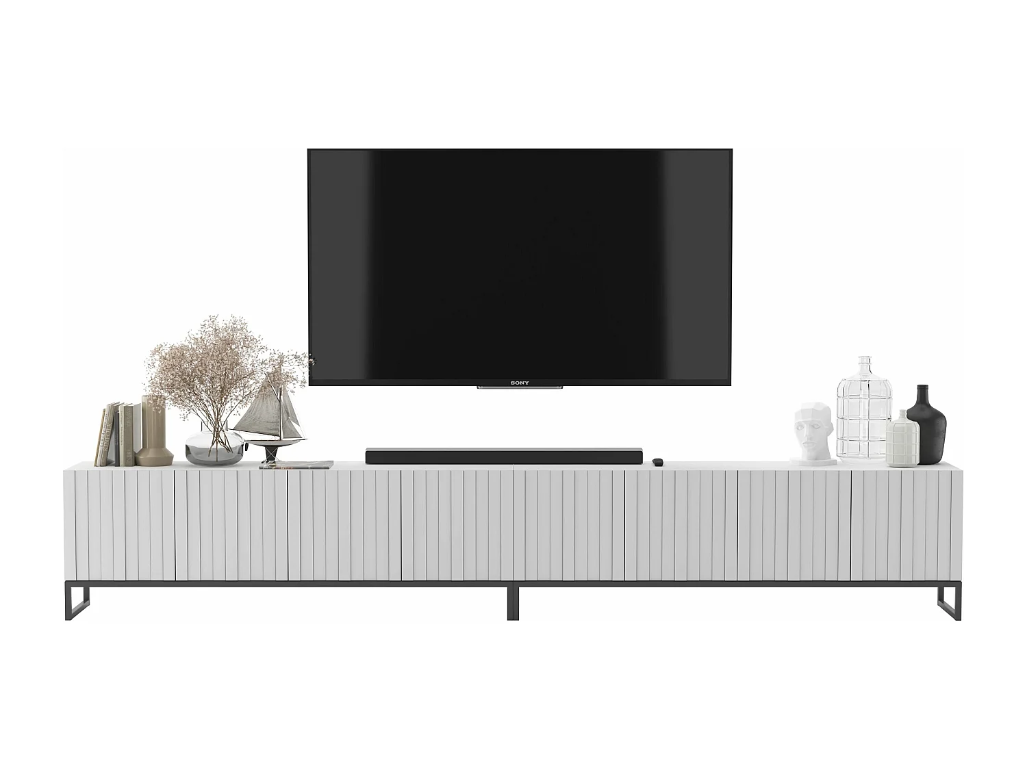 Meuble TV avec 8 portes - corps Blanc mat, façades cannelées Blanc mat - 300 cm, Cadre en métal noir