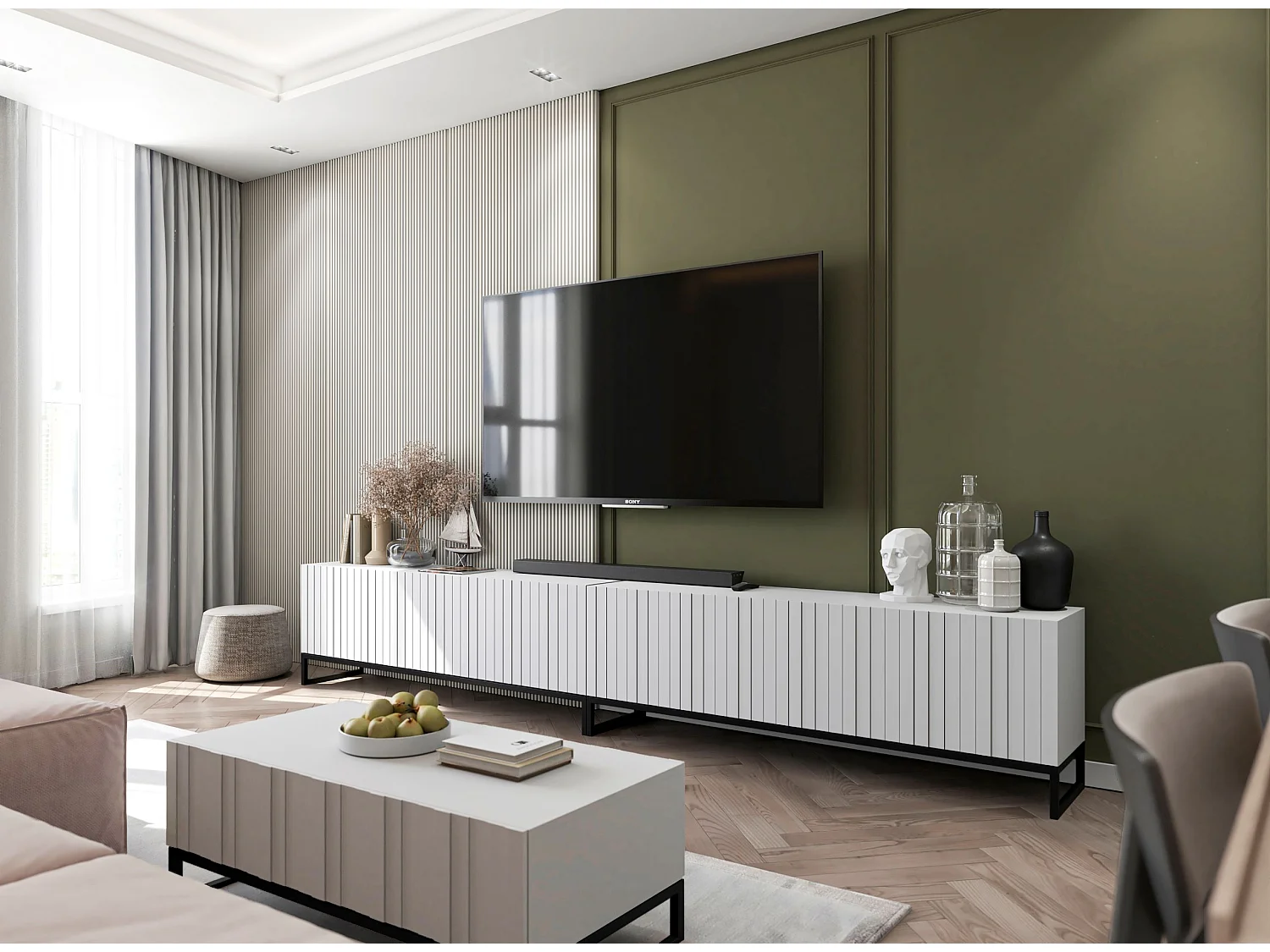 Meuble TV avec 8 portes - corps Blanc mat, façades cannelées Blanc mat - 300 cm, Cadre en métal noir