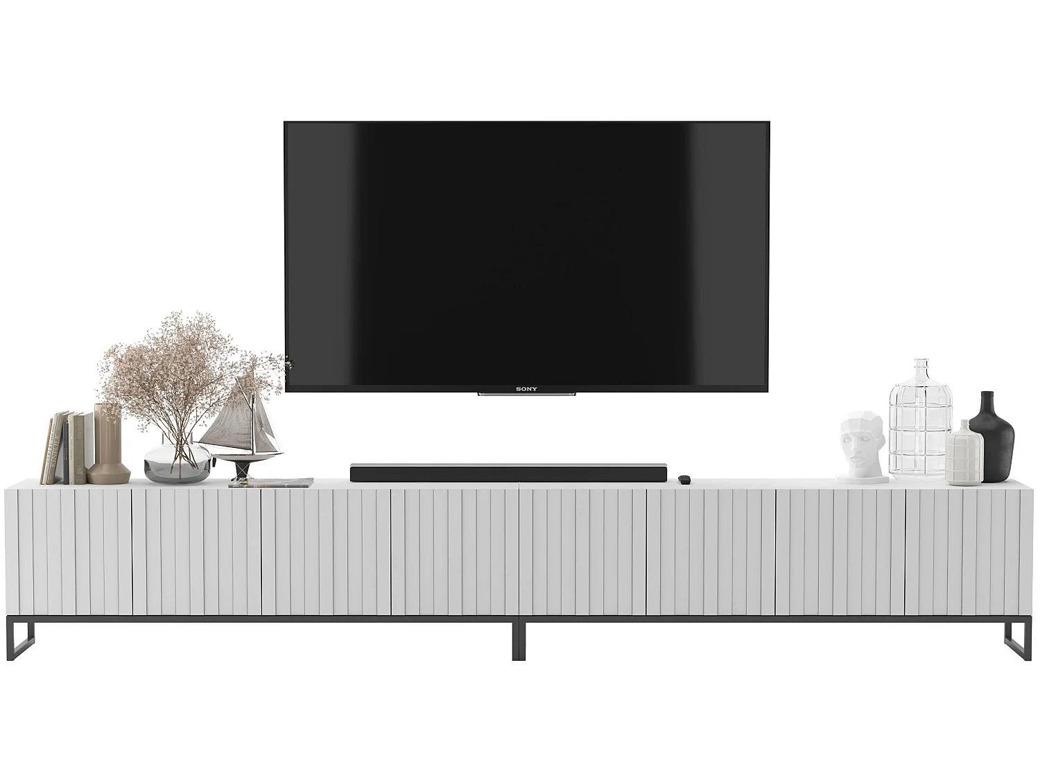 Szafka RTV z 8 drzwiami - korpus Biały mat, fronty ryflowane Biały mat - 300 cm, Stelaż z czarnego metalu