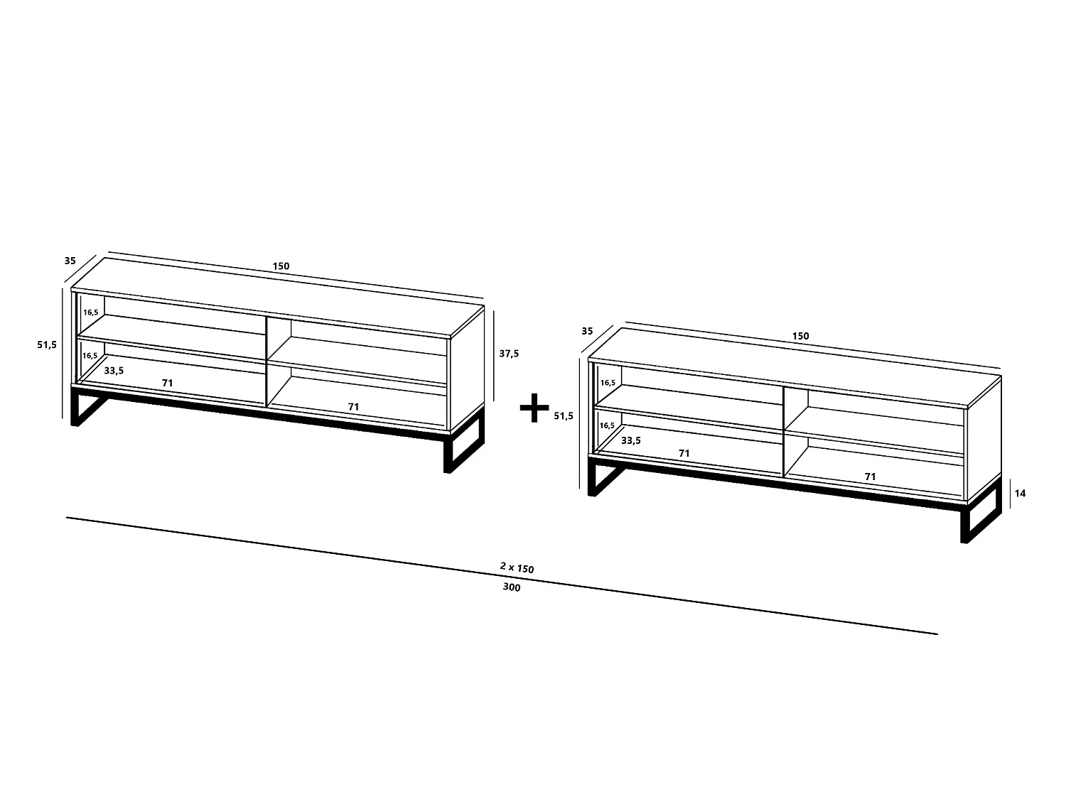 Szafka RTV z 8 drzwiami - korpus Biały mat, fronty ryflowane Biały mat - 300 cm, Stelaż z czarnego metalu