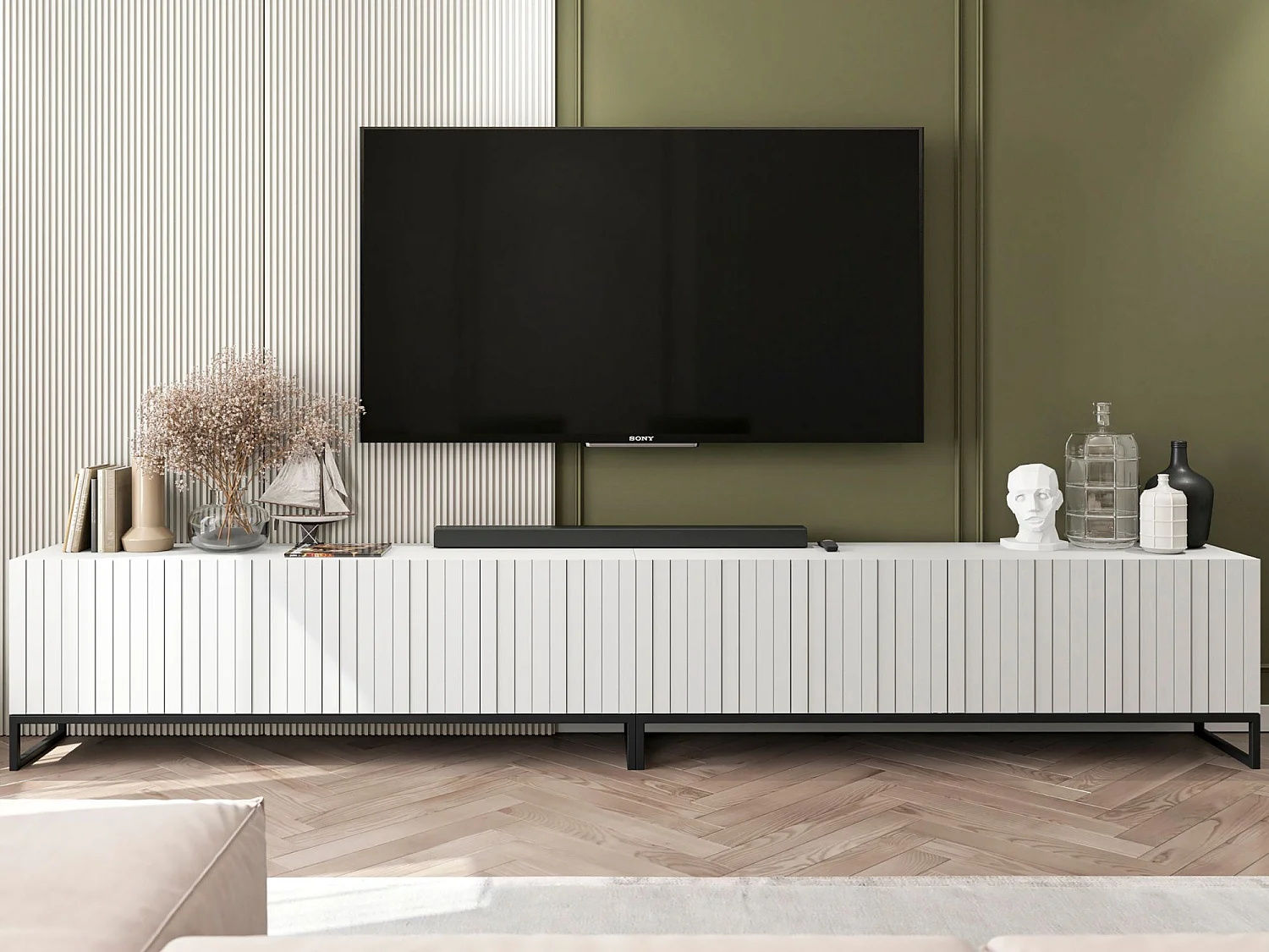 Mobile TV con 8 ante - struttura Bianco opaco, frontali scanalati Bianco opaco - 300 cm, Telaio in metallo nero