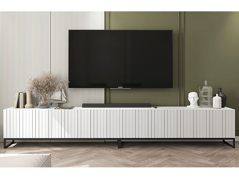 Meuble TV avec 8 portes - corps Blanc mat, façades cannelées Blanc mat - 300 cm, Cadre en métal noir