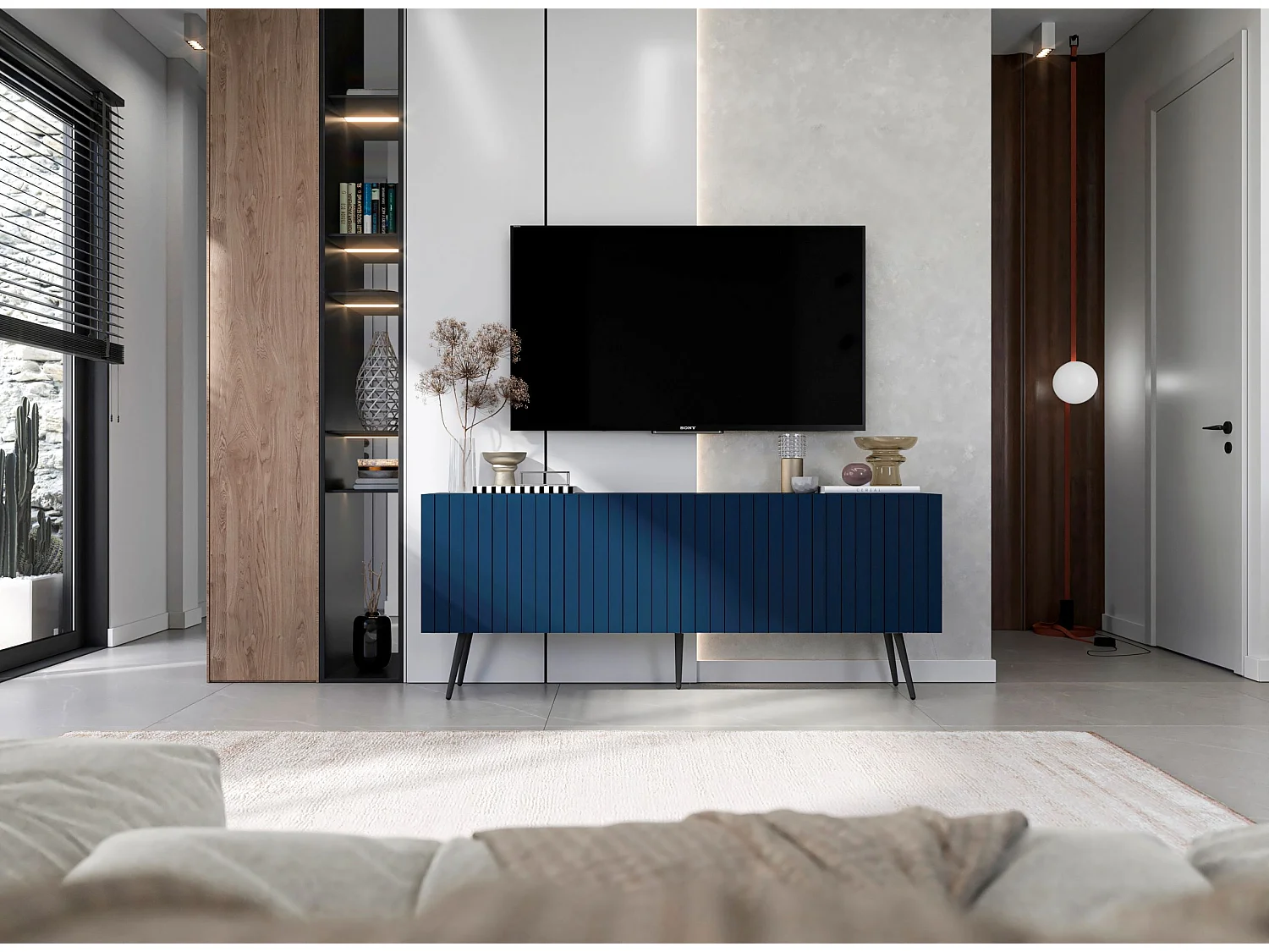 Meuble TV avec 4 portes - Corps Bleu marine mat, façades rainurées Bleu marine mat - 150 cm, pieds noirs