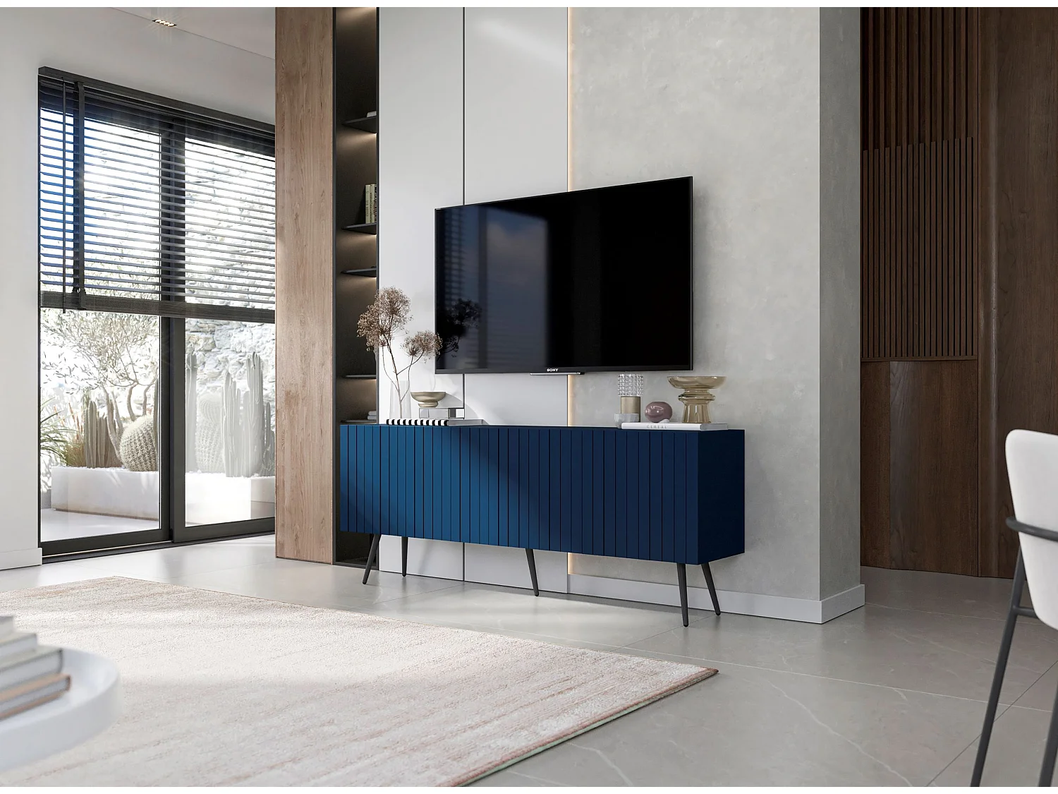 Meuble TV avec 4 portes - Corps Bleu marine mat, façades rainurées Bleu marine mat - 150 cm, pieds noirs