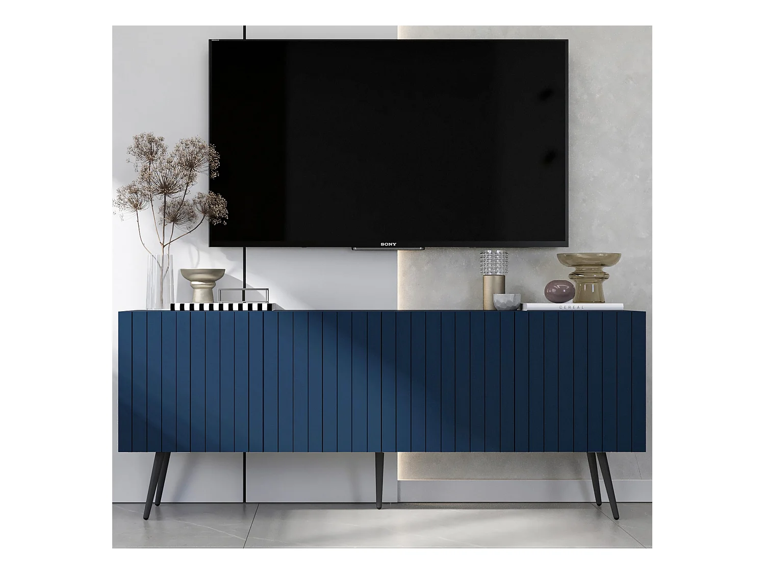 Meuble TV avec 4 portes - Corps Bleu marine mat, façades rainurées Bleu marine mat - 150 cm, pieds noirs