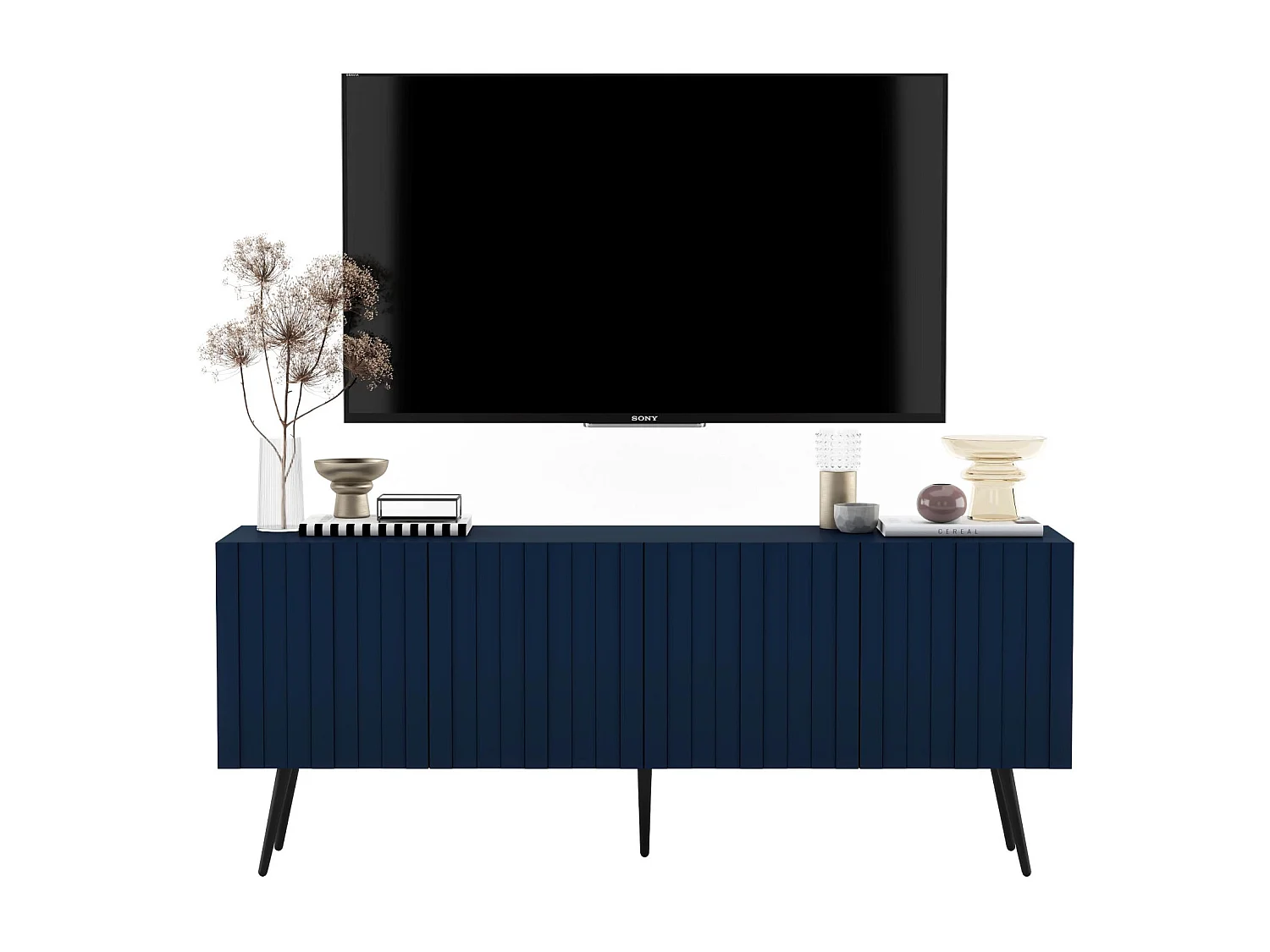 Meuble TV avec 4 portes - Corps Bleu marine mat, façades rainurées Bleu marine mat - 150 cm, pieds noirs