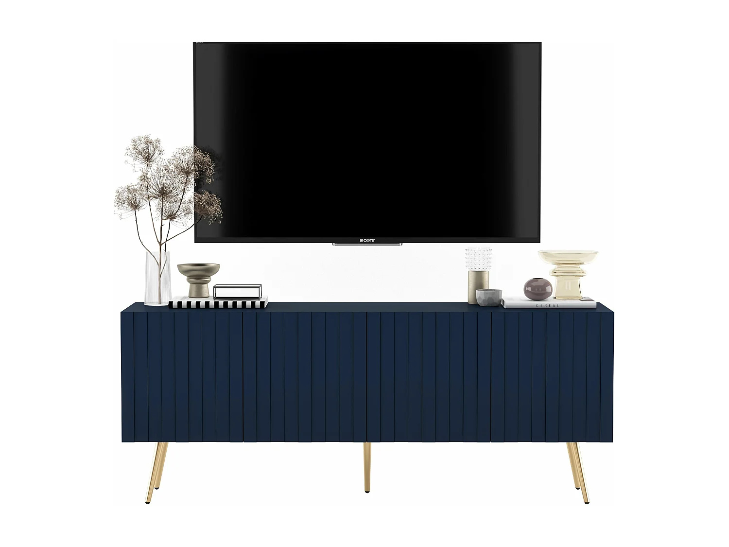 Meuble TV avec 4 portes - Corps Bleu marine mat, façades rainurées Bleu marine mat - 150 cm, pieds noirs