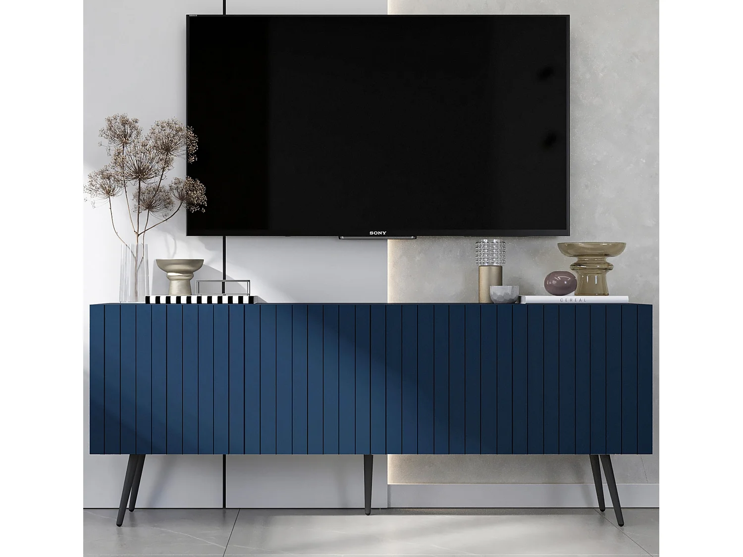 TV-Lowboard mit 4 Türen - Korpus in Marineblau matt, geriffelte Fronten in Marineblau matt - 150 cm, schwarze Füße
