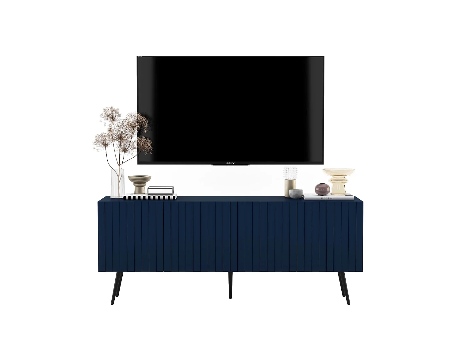 TV-Lowboard mit 4 Türen - Korpus in Marineblau matt, geriffelte Fronten in Marineblau matt - 150 cm, schwarze Füße