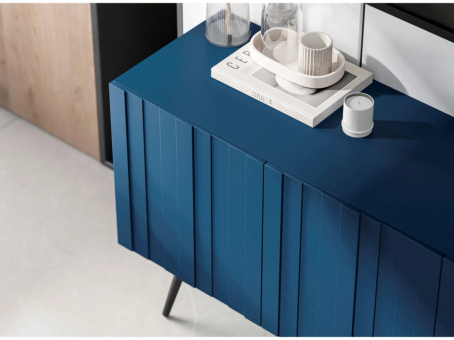 TV-Lowboard mit 4 Türen - Korpus in Marineblau matt, geriffelte Fronten in Marineblau matt - 150 cm, schwarze Füße