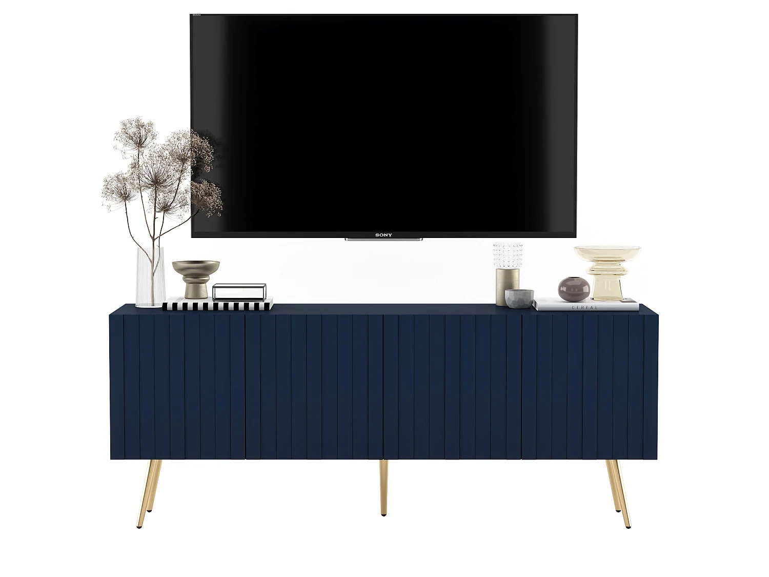 TV-Lowboard mit 4 Türen - Korpus in Marineblau matt, geriffelte Fronten in Marineblau matt - 150 cm, schwarze Füße