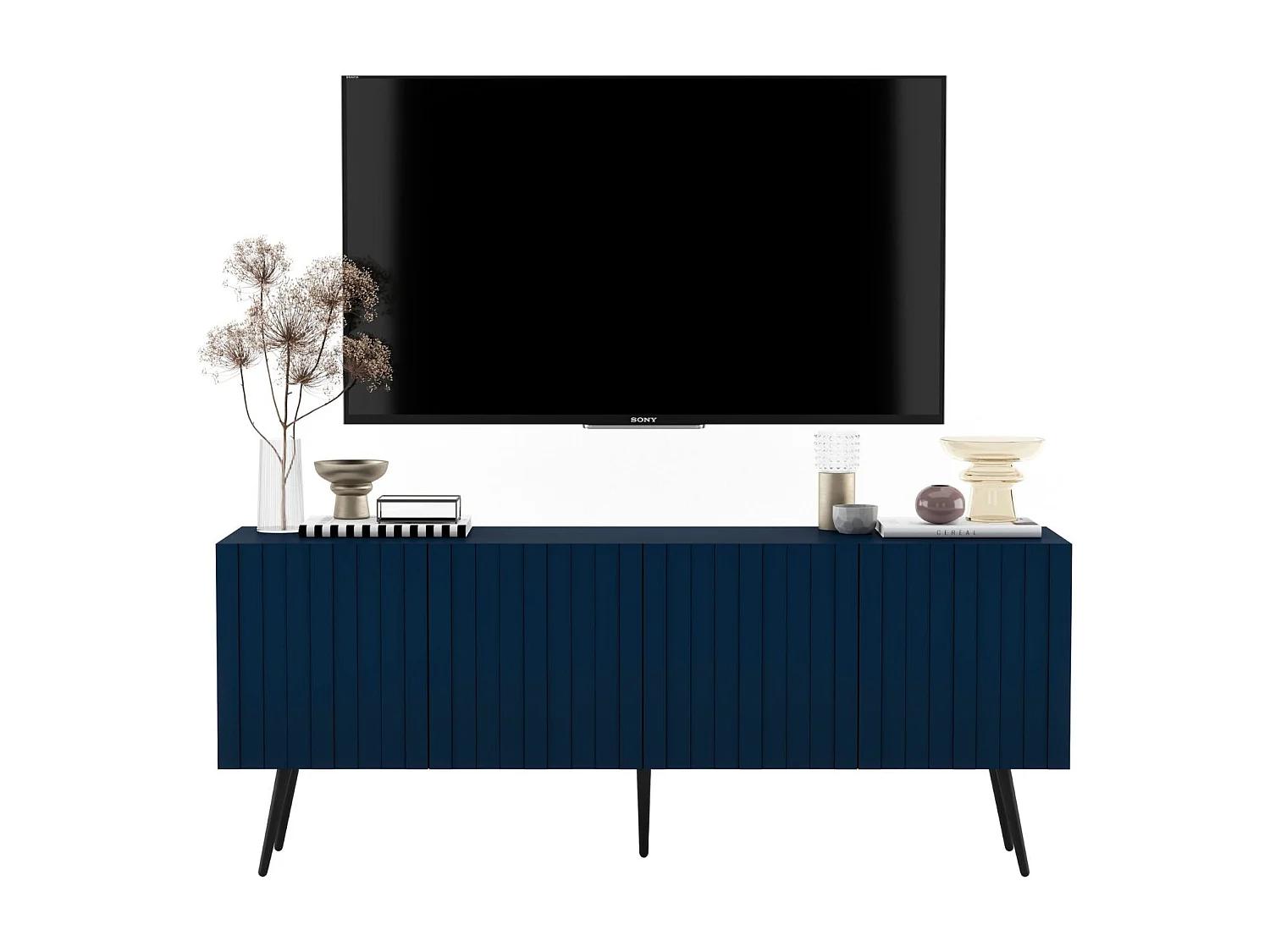 Meuble TV avec 4 portes - Corps Bleu marine mat, façades rainurées Bleu marine mat - 150 cm, pieds noirs