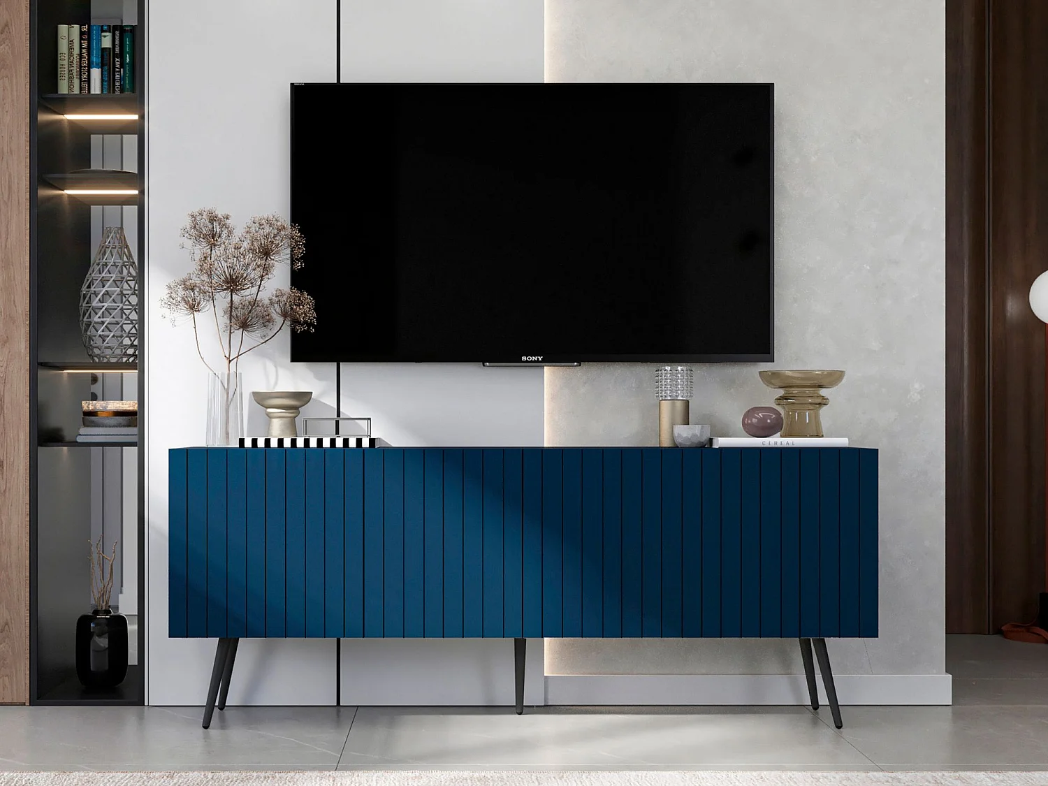 Meuble TV avec 4 portes - Corps Bleu marine mat, façades rainurées Bleu marine mat - 150 cm, pieds noirs