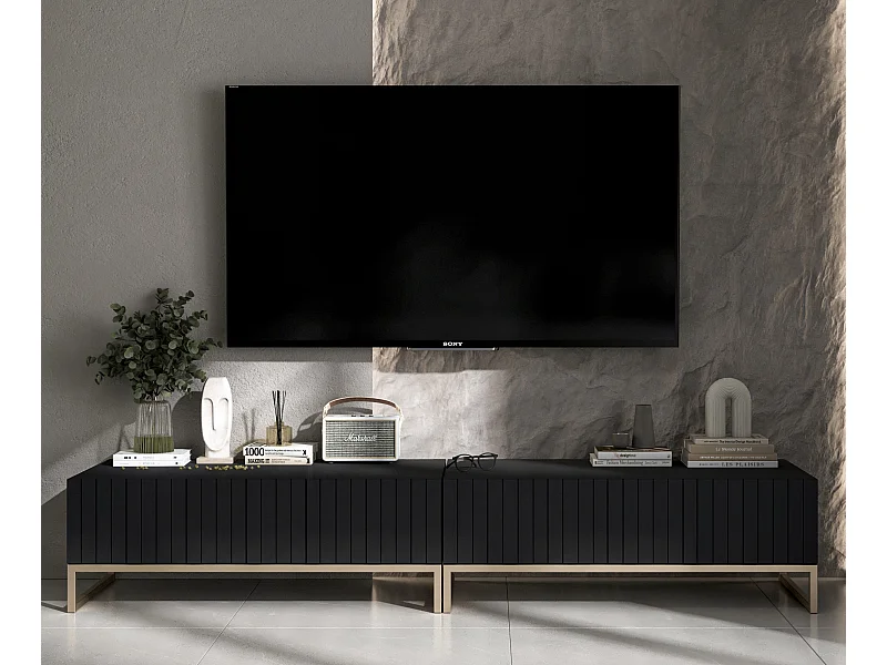 Meuble TV avec 2 portes - Corps Noir mat, façades rainurées Noir mat - 220 cm, cadre métallique
