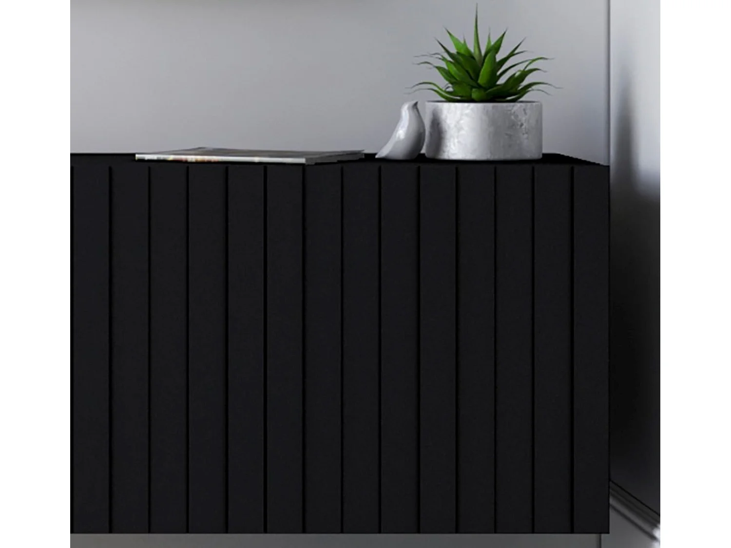 Meuble TV avec 2 portes - Corps Noir mat, façades rainurées Noir mat - 220 cm, cadre métallique