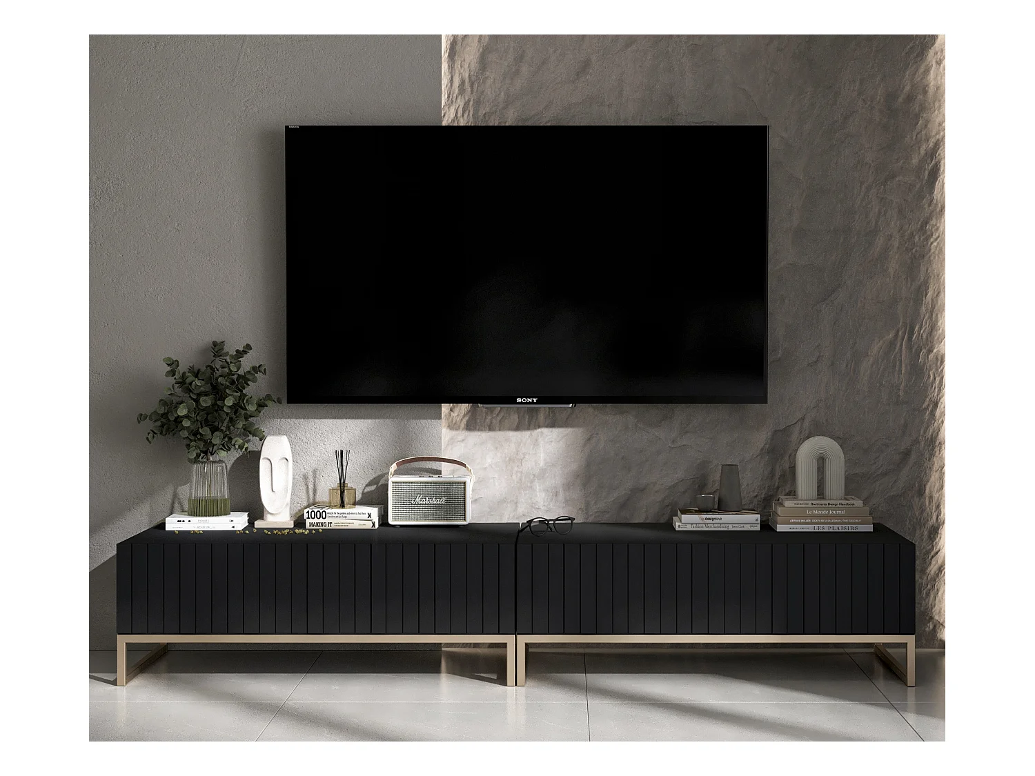 Meuble TV avec 2 portes - Corps Noir mat, façades rainurées Noir mat - 220 cm, cadre métallique