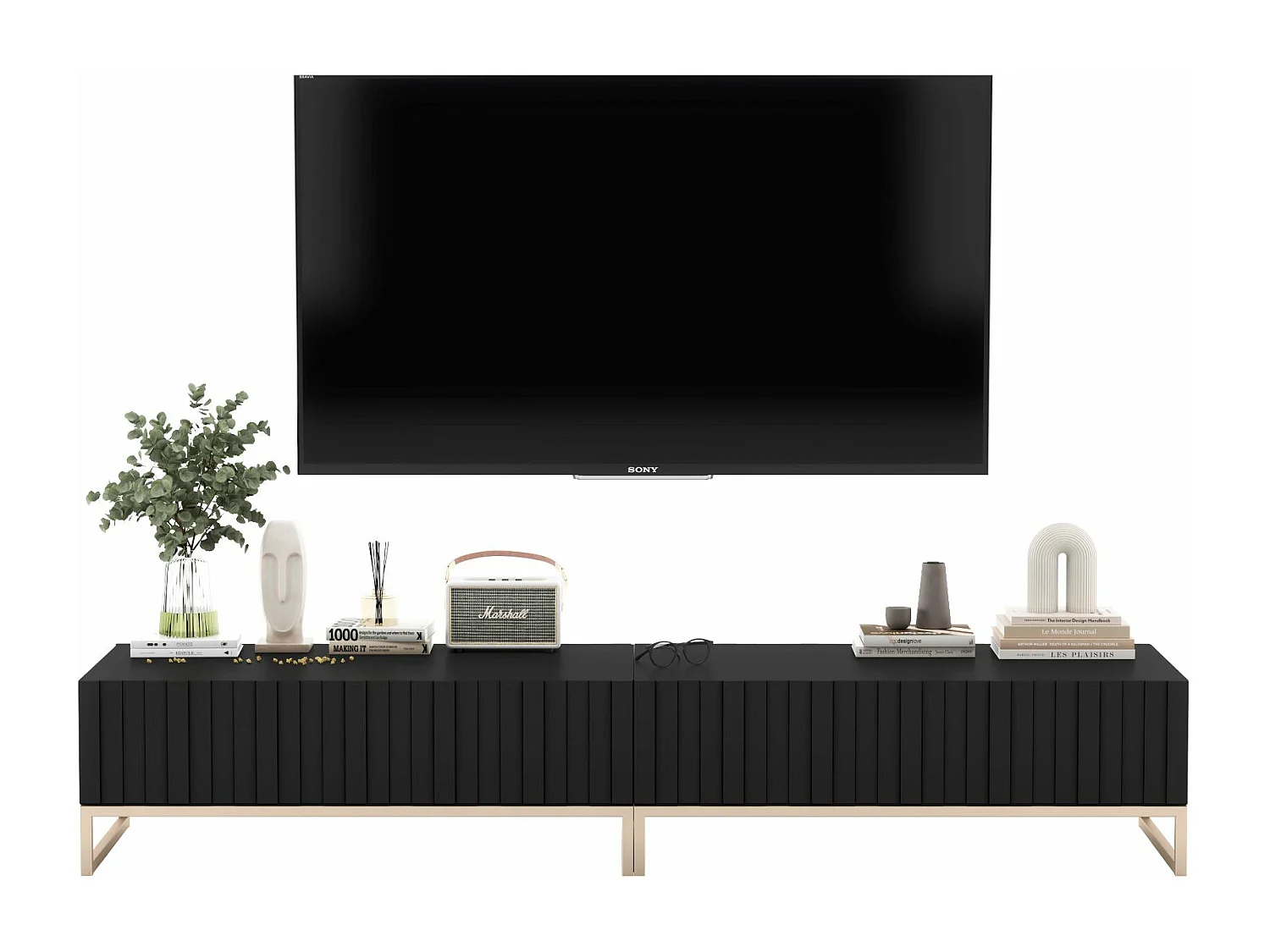 Meuble TV avec 2 portes - Corps Noir mat, façades rainurées Noir mat - 220 cm, cadre métallique