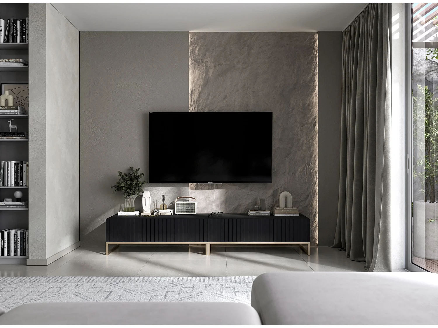 Meuble TV avec 2 portes - Corps Noir mat, façades rainurées Noir mat - 220 cm, cadre métallique