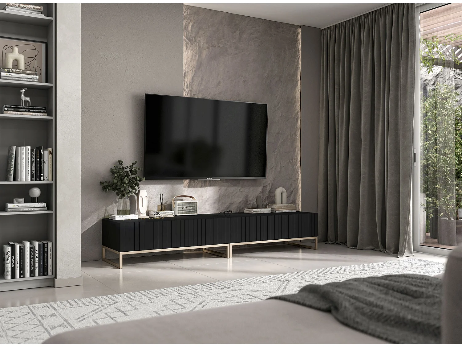 Meuble TV avec 2 portes - Corps Noir mat, façades rainurées Noir mat - 220 cm, cadre métallique