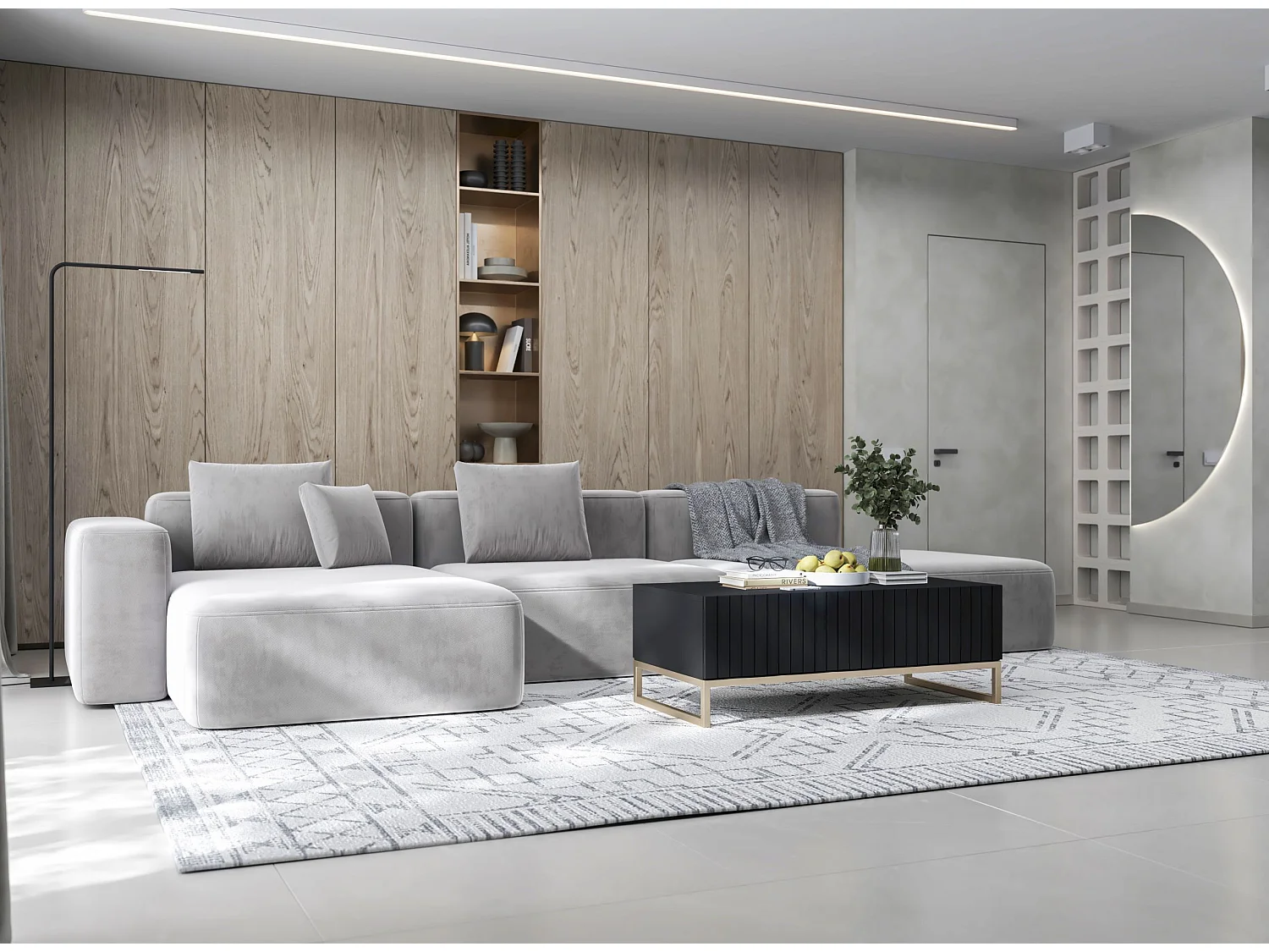 Meuble TV avec 2 portes - Corps Noir mat, façades rainurées Noir mat - 220 cm, cadre métallique