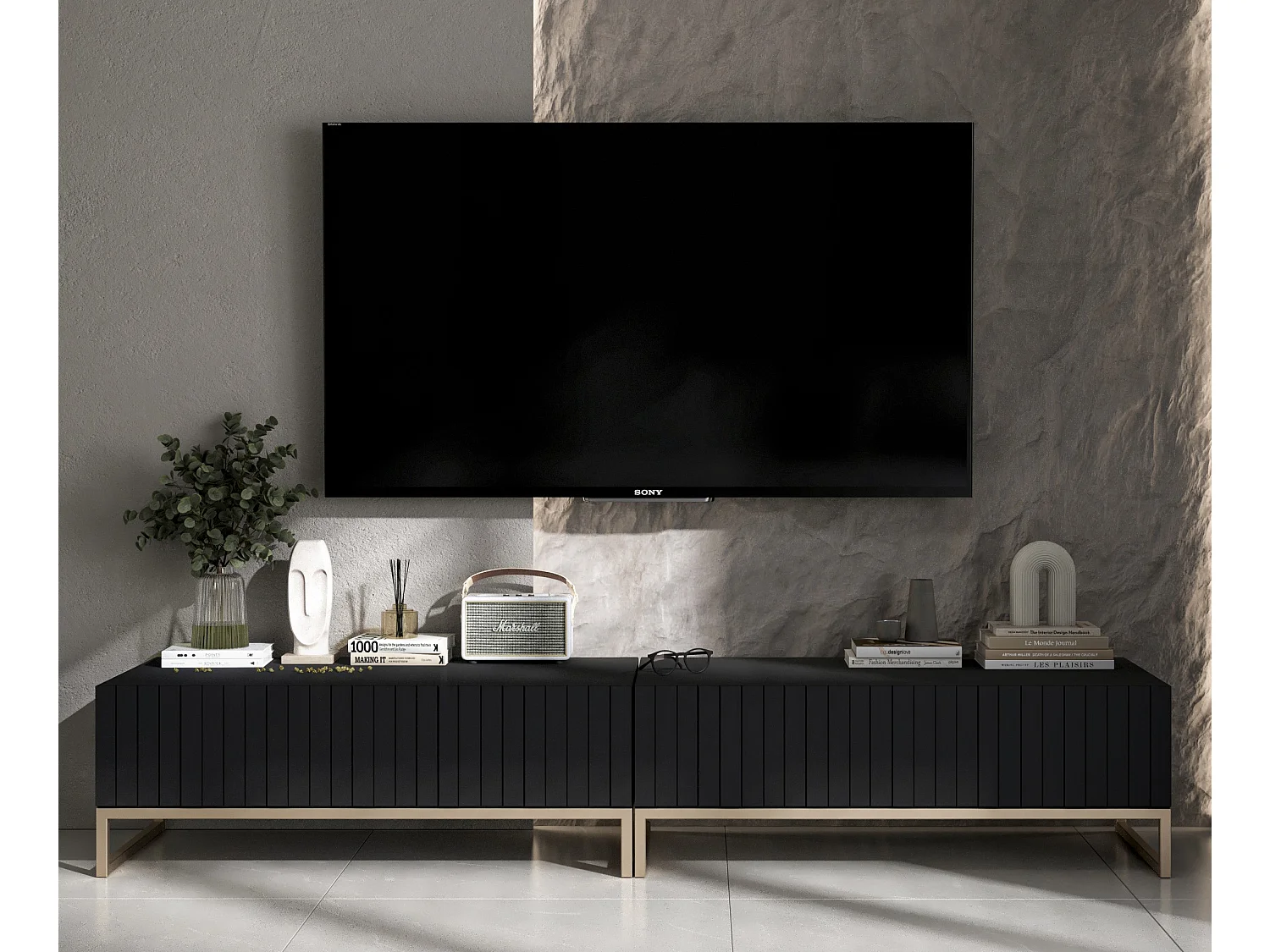 TV-Möbel mit 2 Türen - Korpus Schwarz matt, geriffelte Fronten Schwarz matt - 220 cm, Metallrahmen