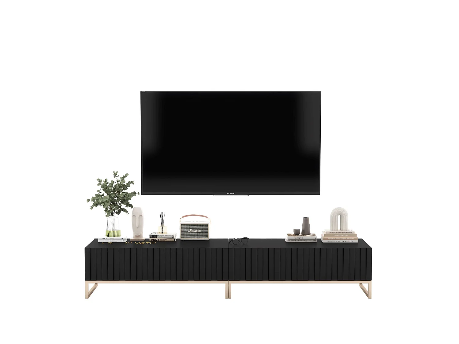 TV-Möbel mit 2 Türen - Korpus Schwarz matt, geriffelte Fronten Schwarz matt - 220 cm, Metallrahmen