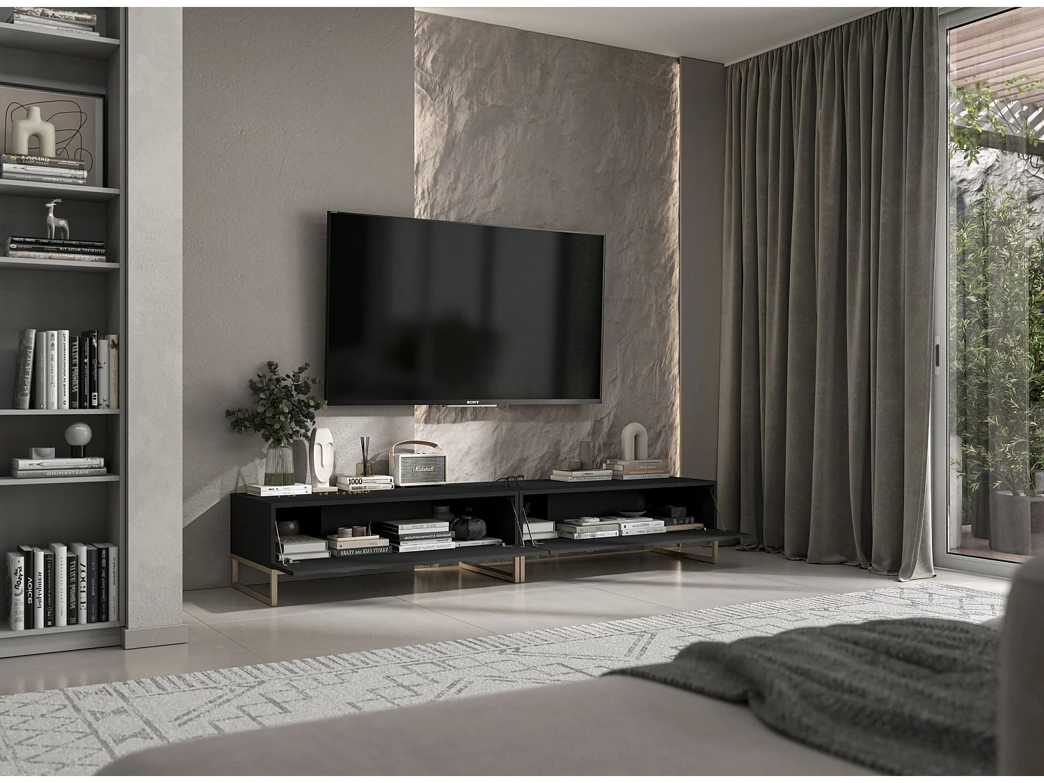 TV-Möbel mit 2 Türen - Korpus Schwarz matt, geriffelte Fronten Schwarz matt - 220 cm, Metallrahmen