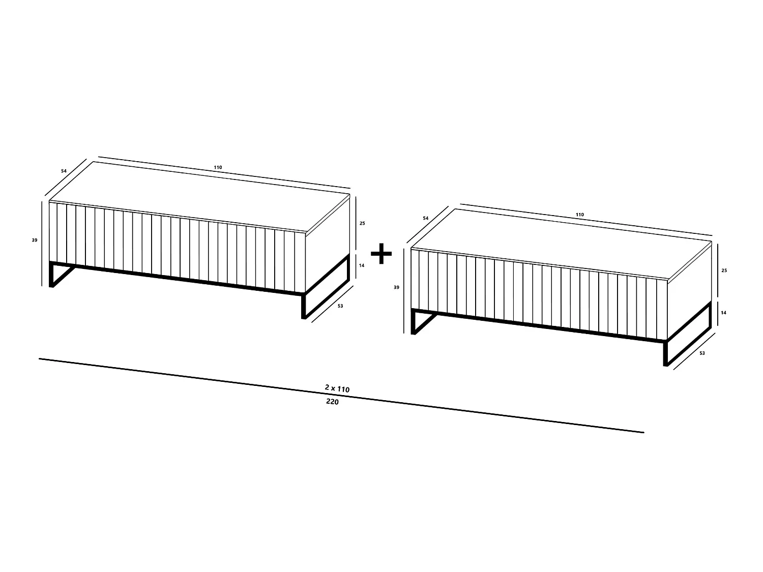 TV-Möbel mit 2 Türen - Korpus Schwarz matt, geriffelte Fronten Schwarz matt - 220 cm, Metallrahmen