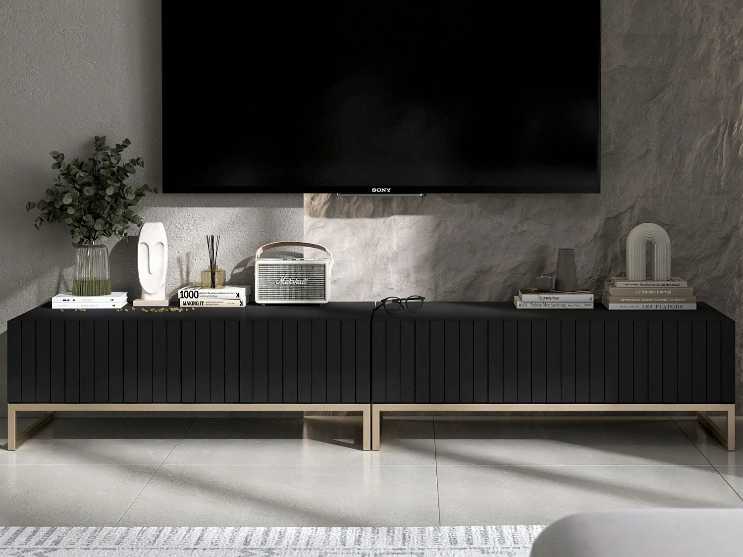 Meuble TV avec 2 portes - Corps Noir mat, façades rainurées Noir mat - 220 cm, cadre métallique