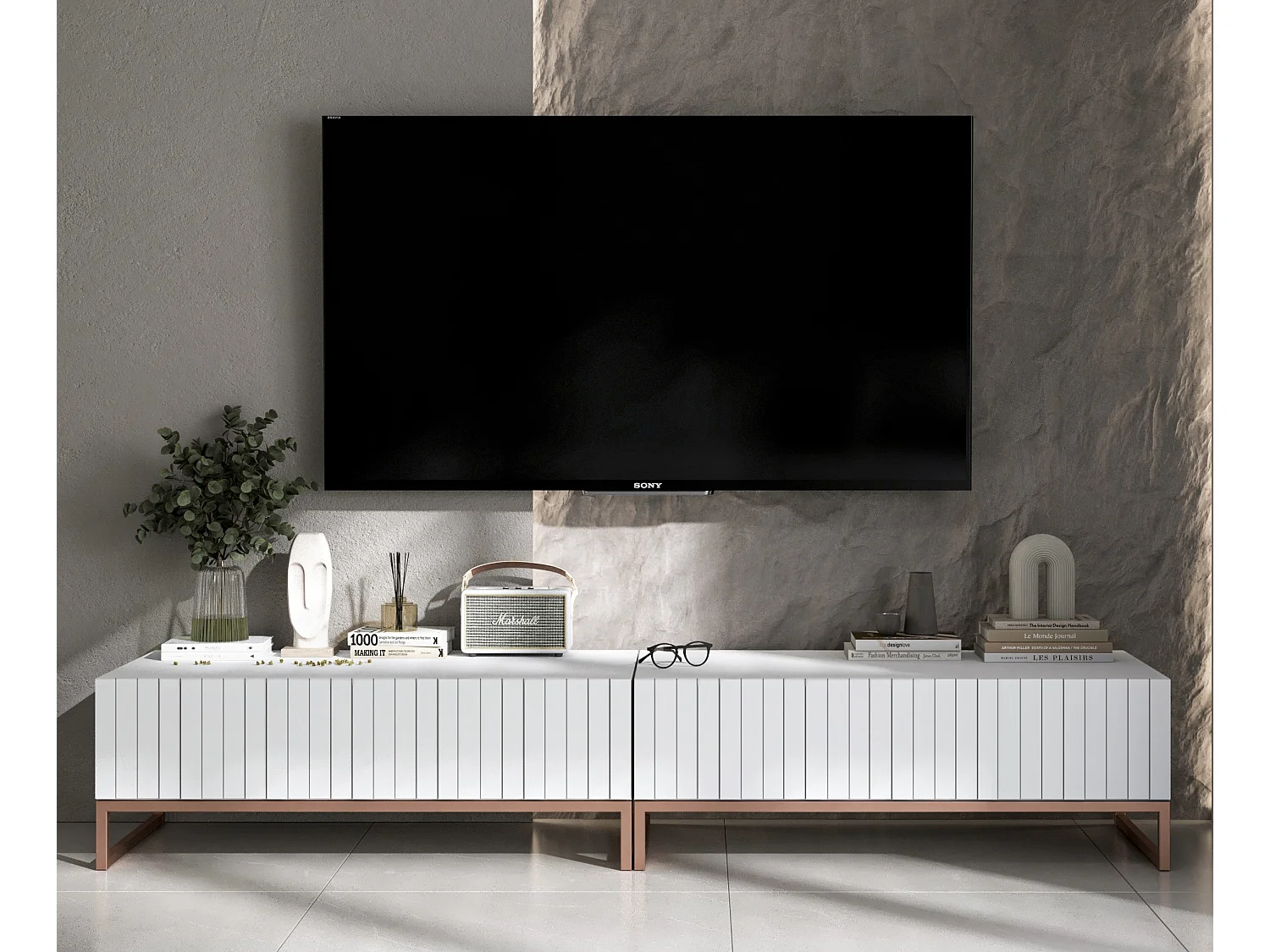 Meuble TV avec 2 portes - Corps Blanc mat, façades rainurées Blanc mat - 220 cm, cadre métallique