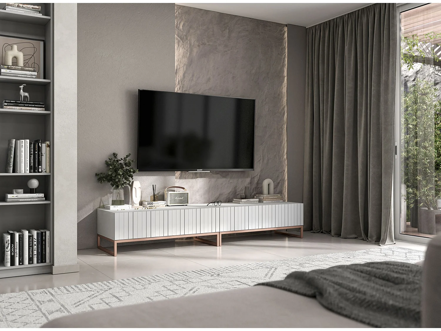 Meuble TV avec 2 portes - Corps Blanc mat, façades rainurées Blanc mat - 220 cm, cadre métallique