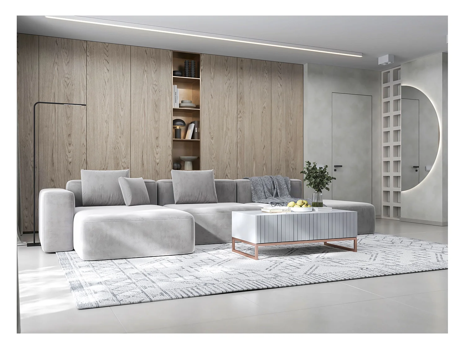 Meuble TV avec 2 portes - Corps Blanc mat, façades rainurées Blanc mat - 220 cm, cadre métallique