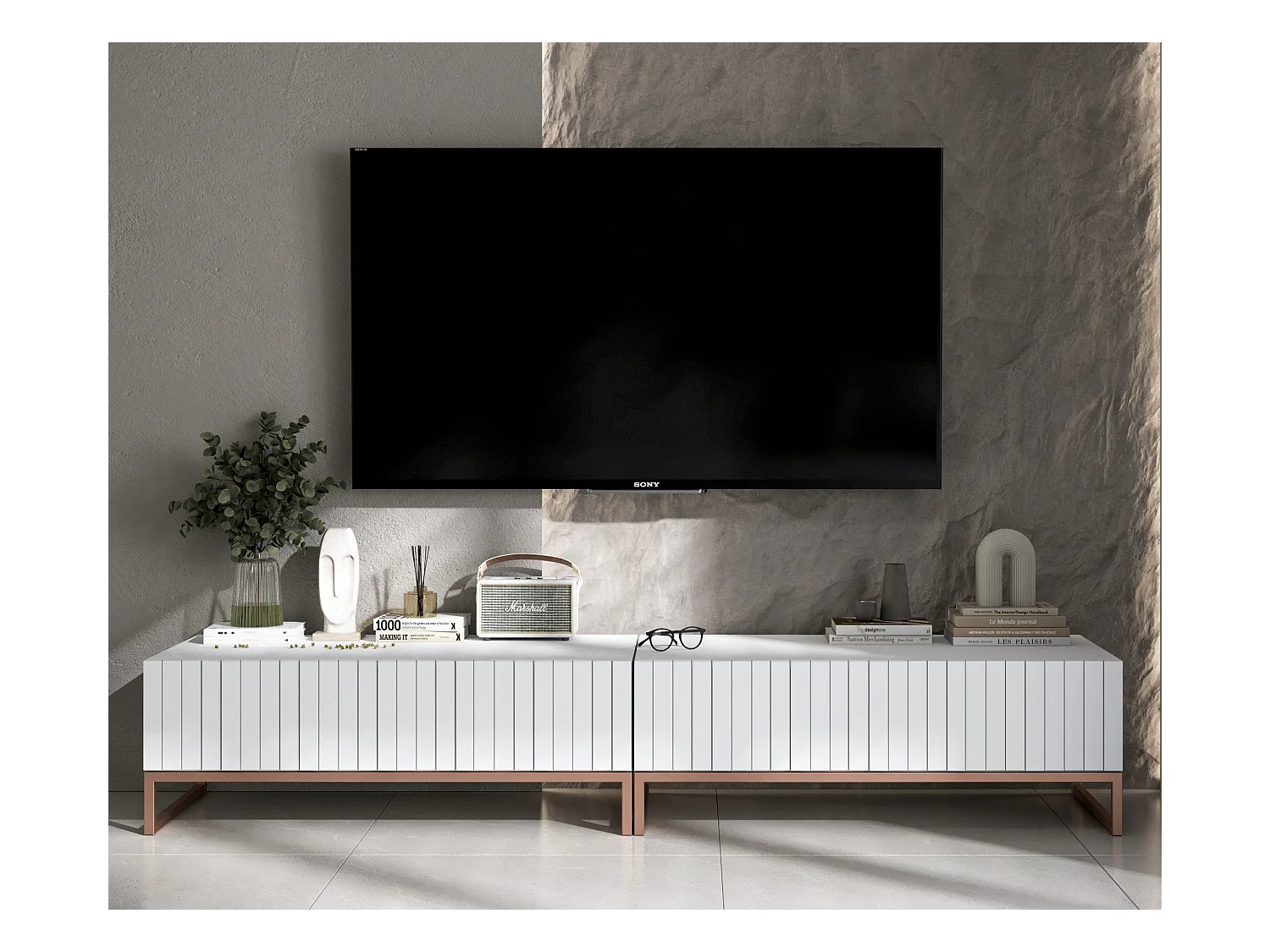 Meuble TV avec 2 portes - Corps Blanc mat, façades rainurées Blanc mat - 220 cm, cadre métallique