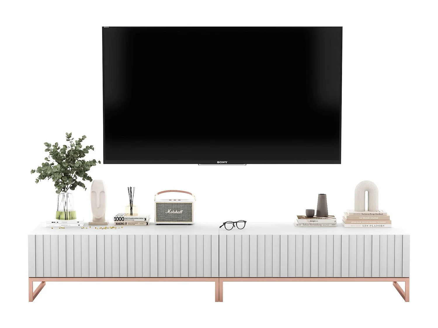 Meuble TV avec 2 portes - Corps Blanc mat, façades rainurées Blanc mat - 220 cm, cadre métallique