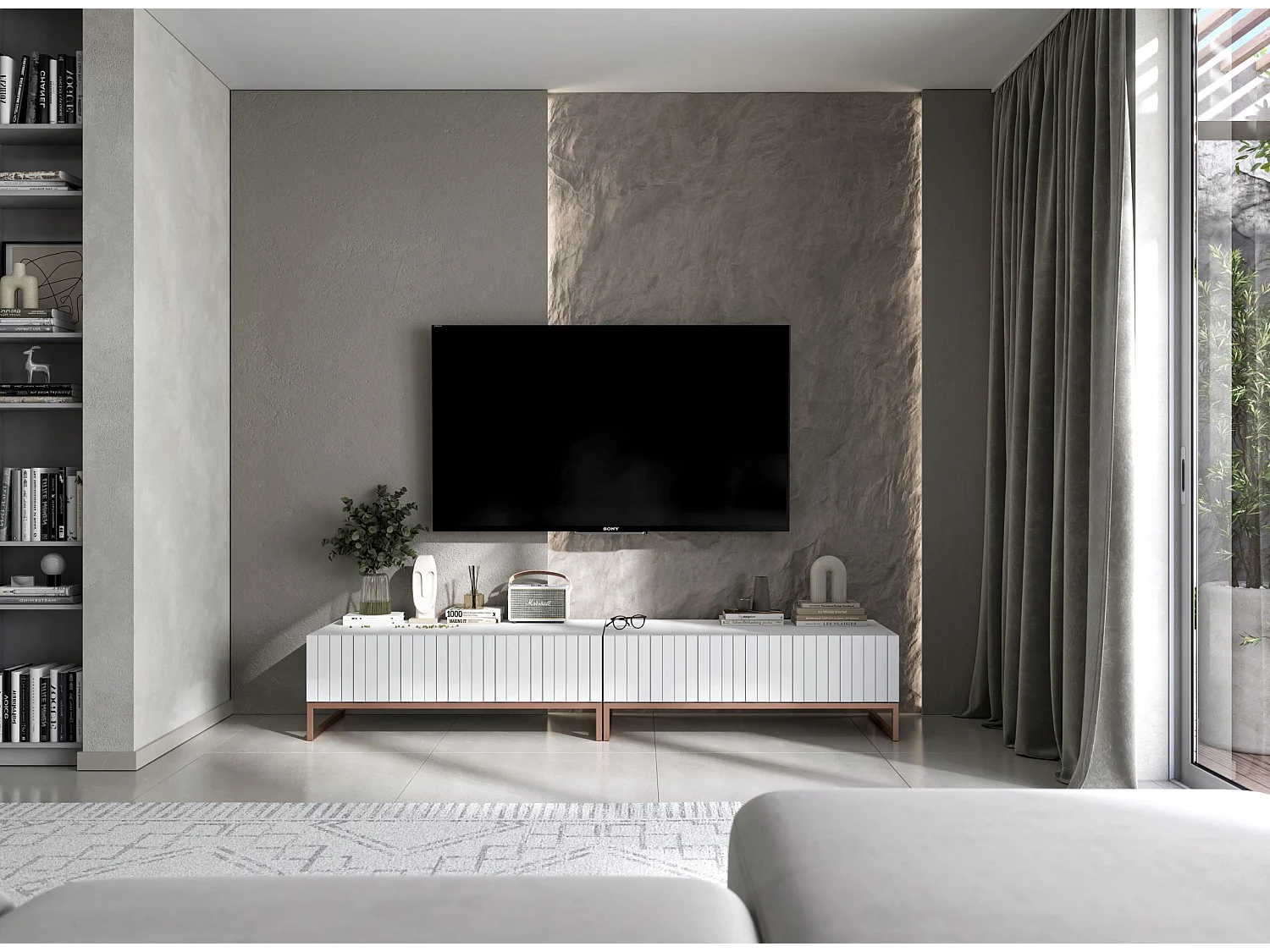 Meuble TV avec 2 portes - Corps Blanc mat, façades rainurées Blanc mat - 220 cm, cadre métallique