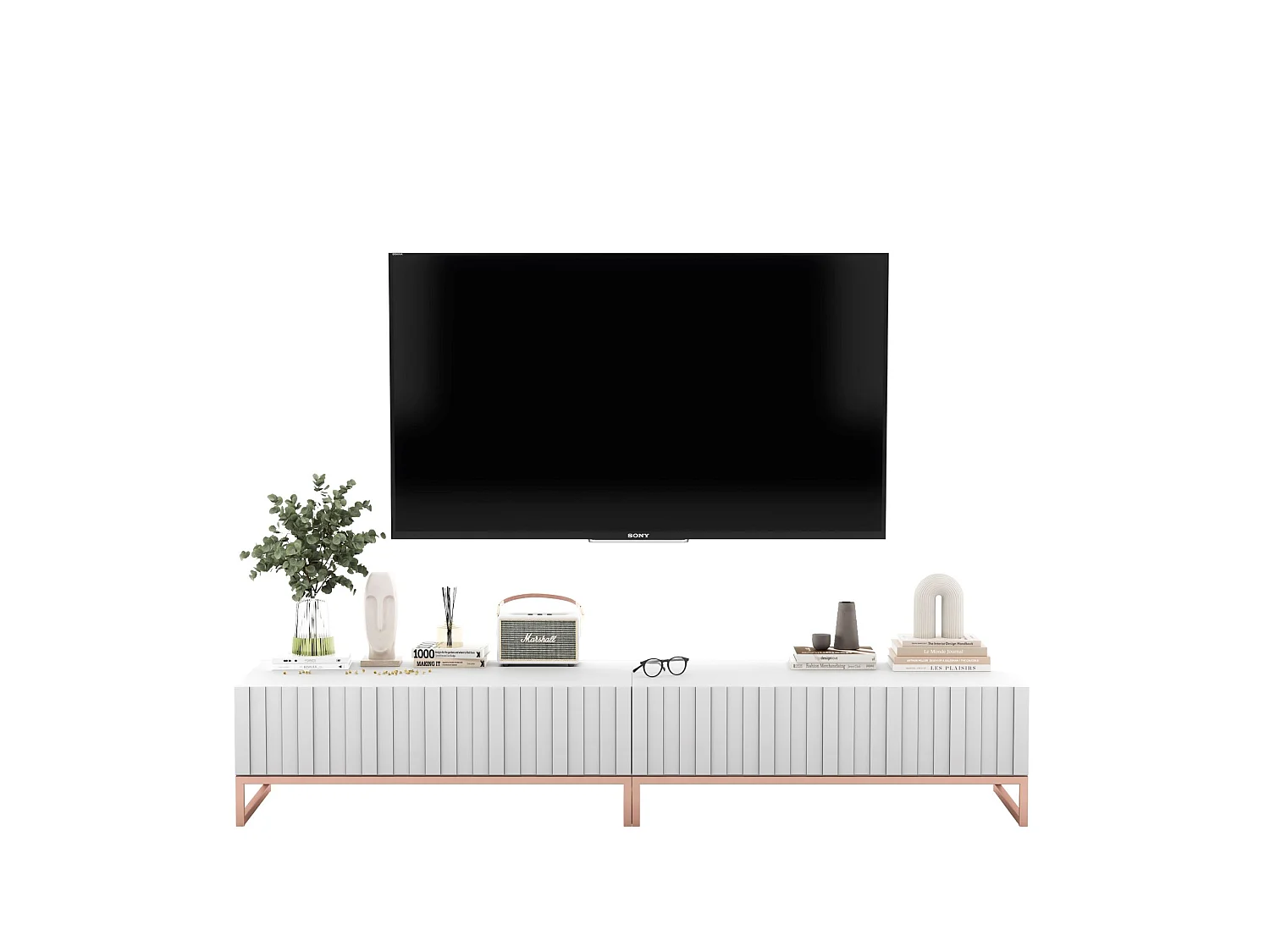 TV-Möbel mit 2 Türen - Korpus Weiß matt, geriffelte Fronten Weiß matt - 220 cm, Metallrahmen