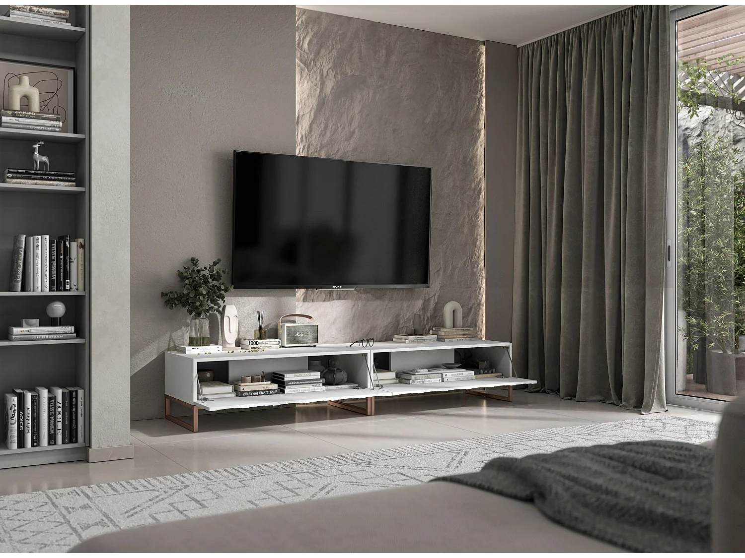 TV-Möbel mit 2 Türen - Korpus Weiß matt, geriffelte Fronten Weiß matt - 220 cm, Metallrahmen