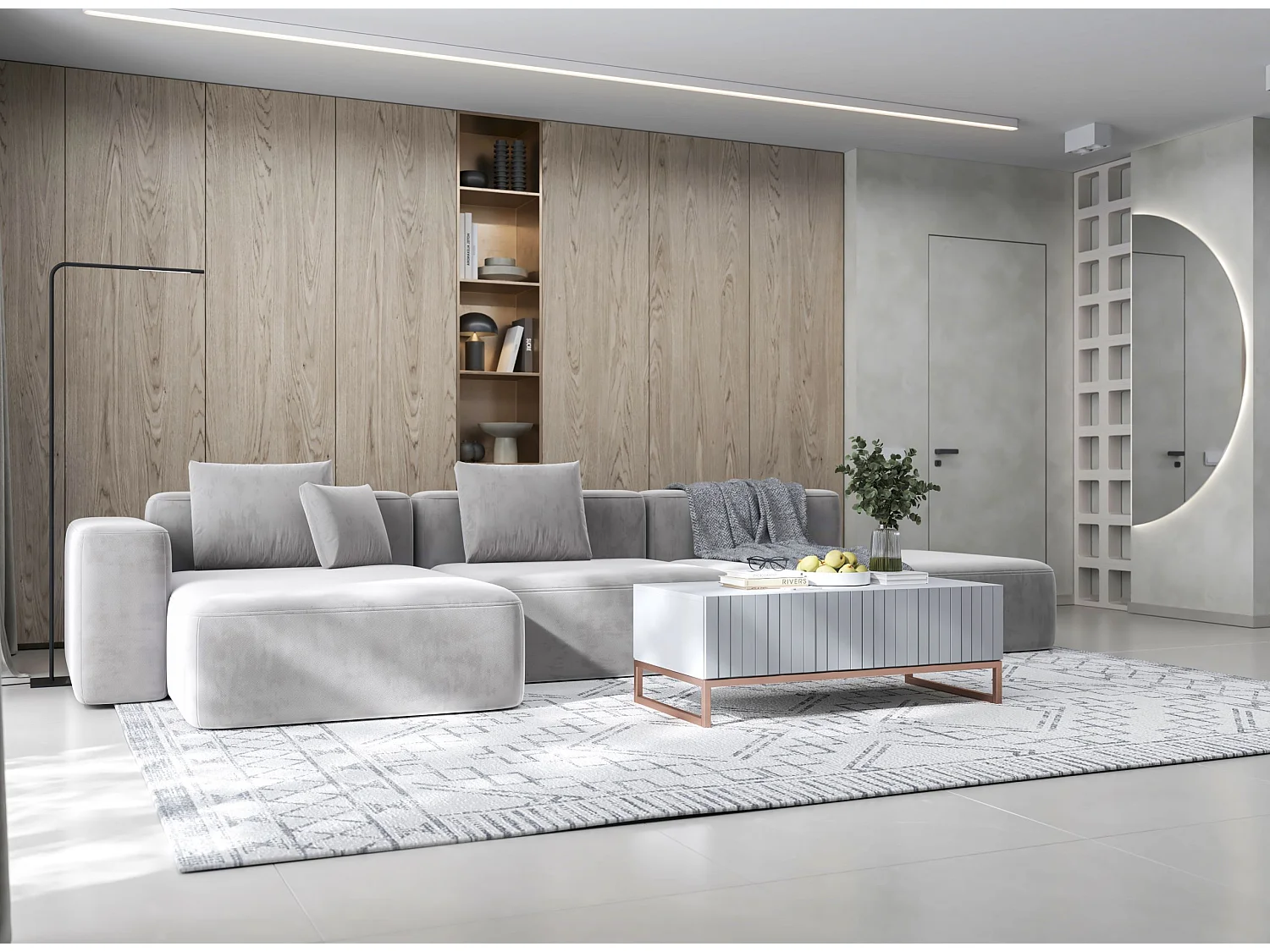 TV-Möbel mit 2 Türen - Korpus Weiß matt, geriffelte Fronten Weiß matt - 220 cm, Metallrahmen