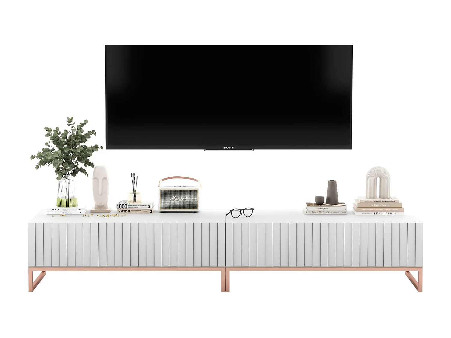 Meuble TV avec 2 portes - Corps Blanc mat, façades rainurées Blanc mat - 220 cm, cadre métallique