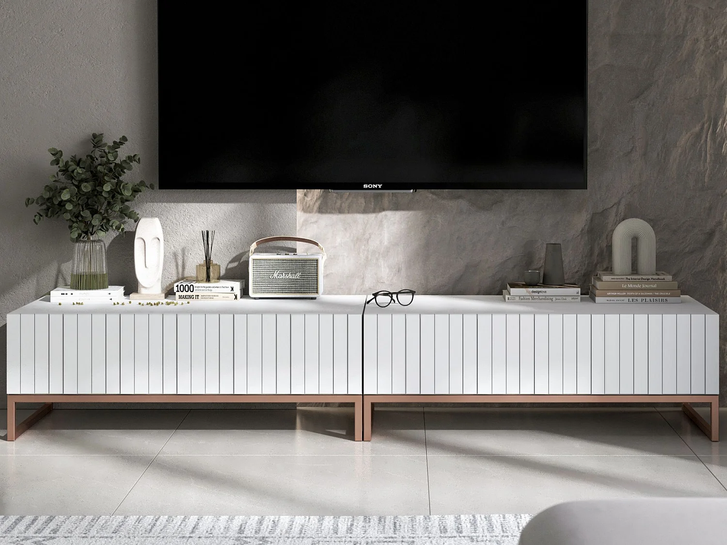 Meuble TV avec 2 portes - Corps Blanc mat, façades rainurées Blanc mat - 220 cm, cadre métallique