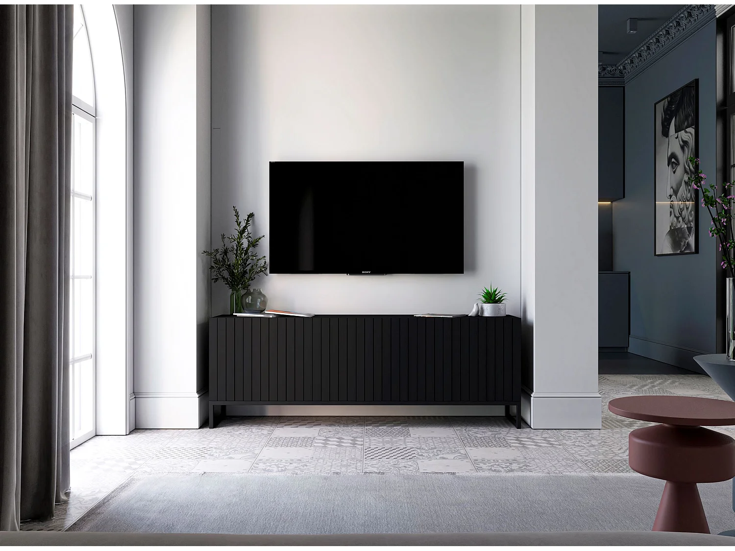Meuble TV avec 4 portes - Corps Noir mat, façades rainurées Noir mat - 150 cm, Cadre en métal noir