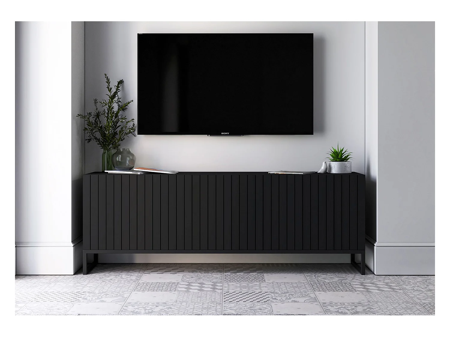 Meuble TV avec 4 portes - Corps Noir mat, façades rainurées Noir mat - 150 cm, Cadre en métal noir