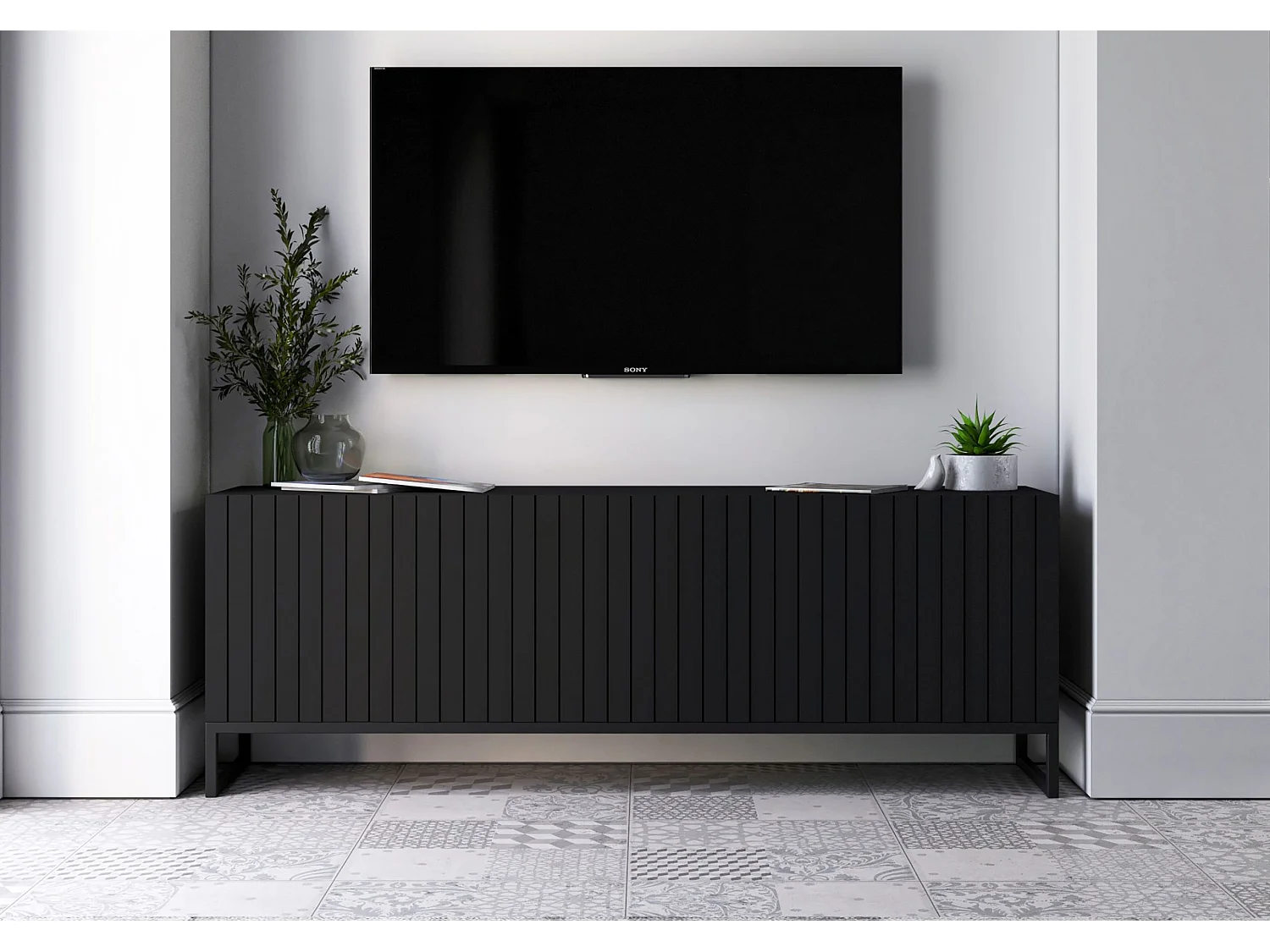 Meuble TV avec 4 portes - Corps Noir mat, façades rainurées Noir mat - 150 cm, Cadre en métal noir