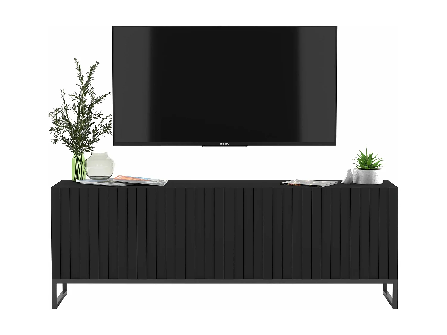 Meuble TV avec 4 portes - Corps Noir mat, façades rainurées Noir mat - 150 cm, Cadre en métal noir